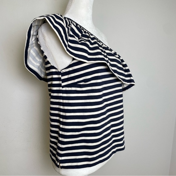 J. CREW Nautical Stripe One Shoulder Bold Ruffle Navy White Cotton Top Blouse XS - Picture 8 of 8